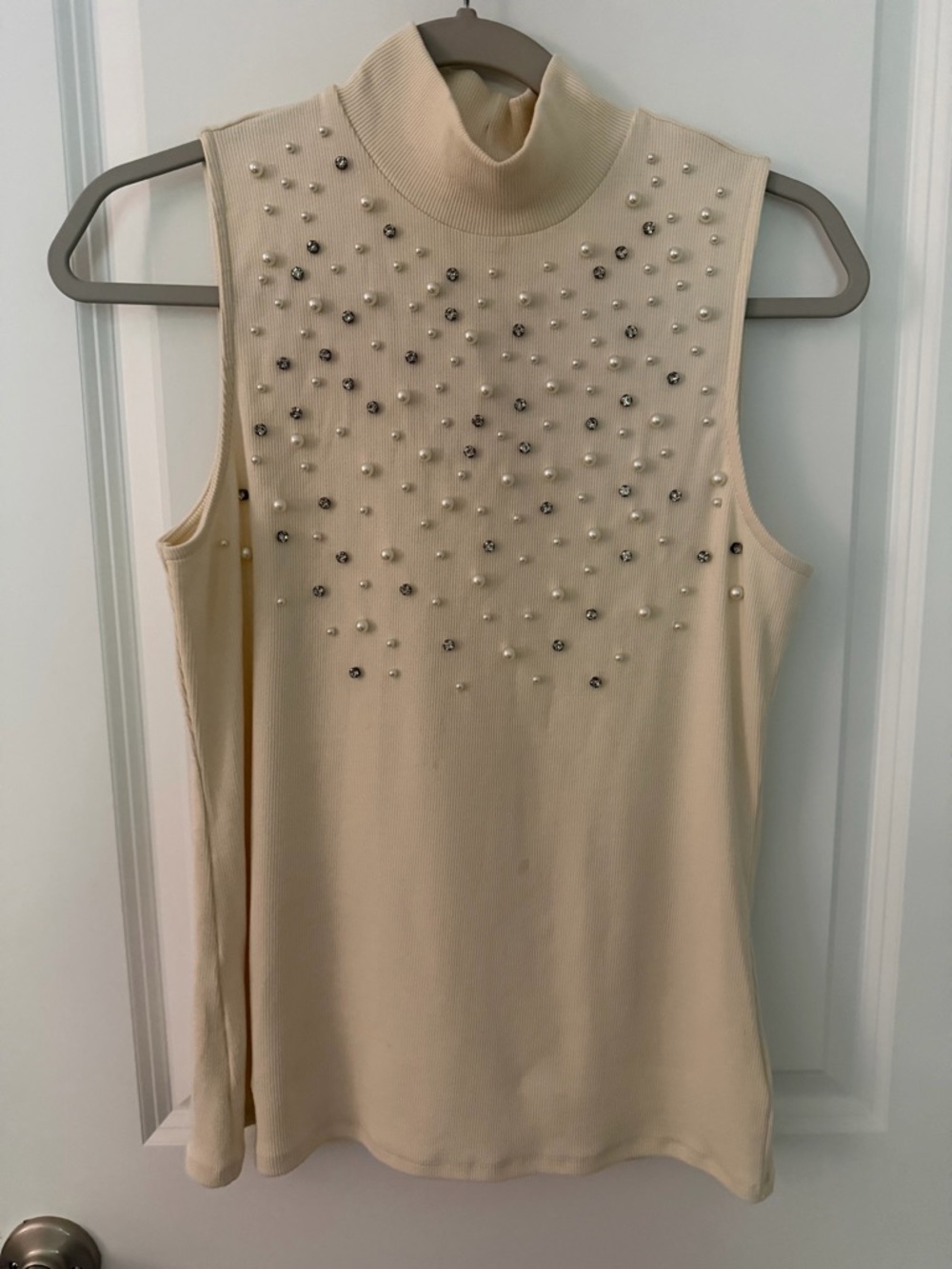 Express Ivory Sleeveless Mock Neck Tank with Pearl and Bead Accents